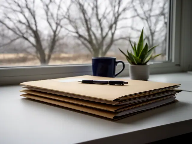 A neat stack of closed manila folders and a pen on a desk by a window.