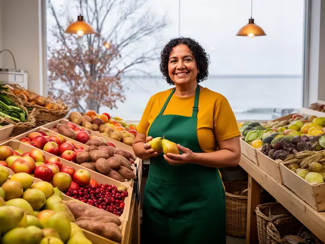 A grocer in an apron beside a fresh produce display.